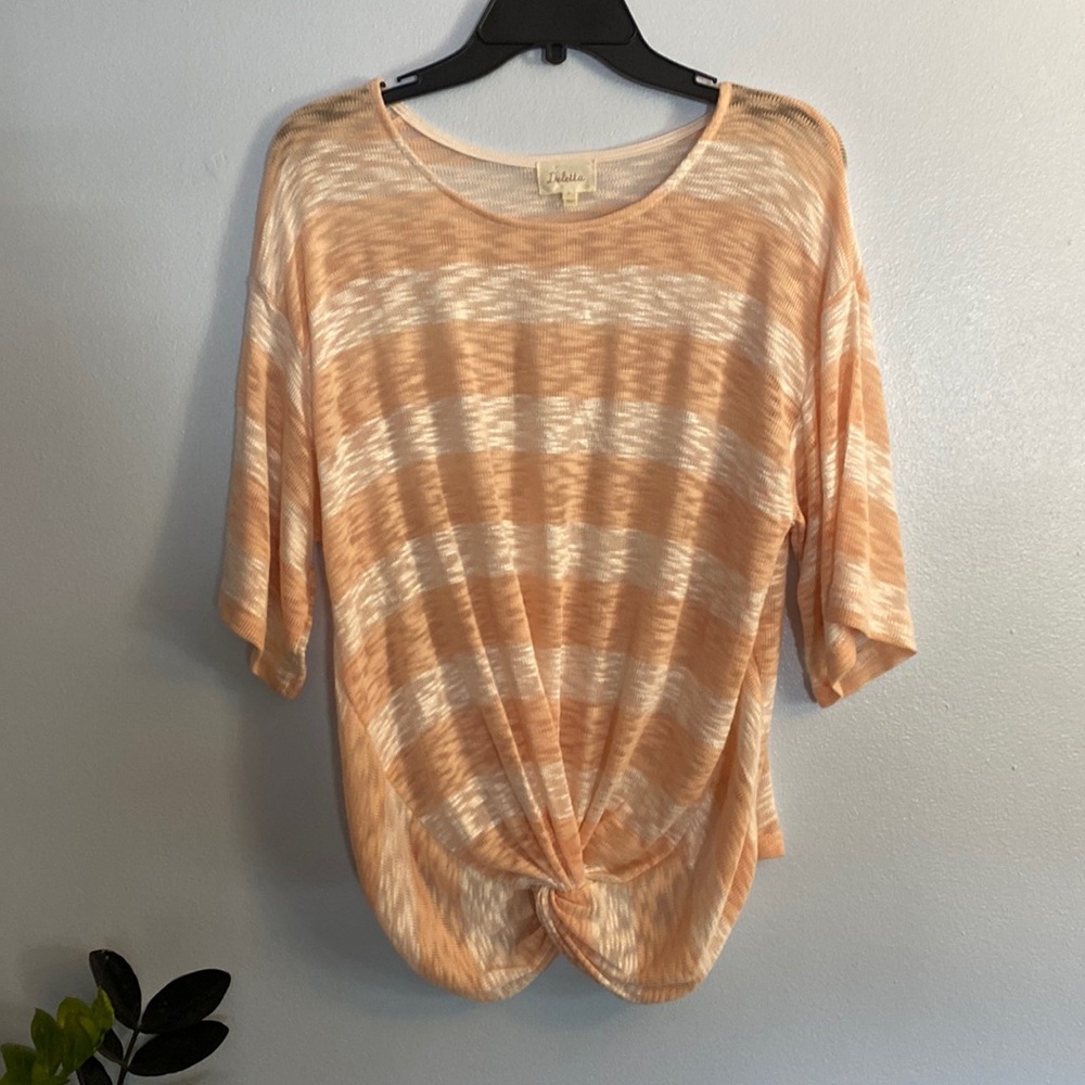 Deletta Women’s Woven Short-sleeved Top Medium Peach and Cream Horizontal Stripe